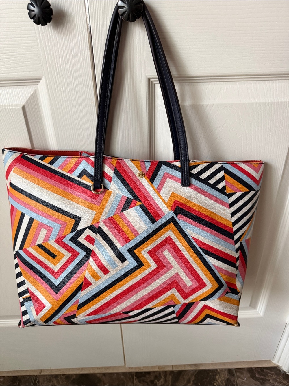 Tory Burch Multicolor Geometric Canvas Tote with Black Handles